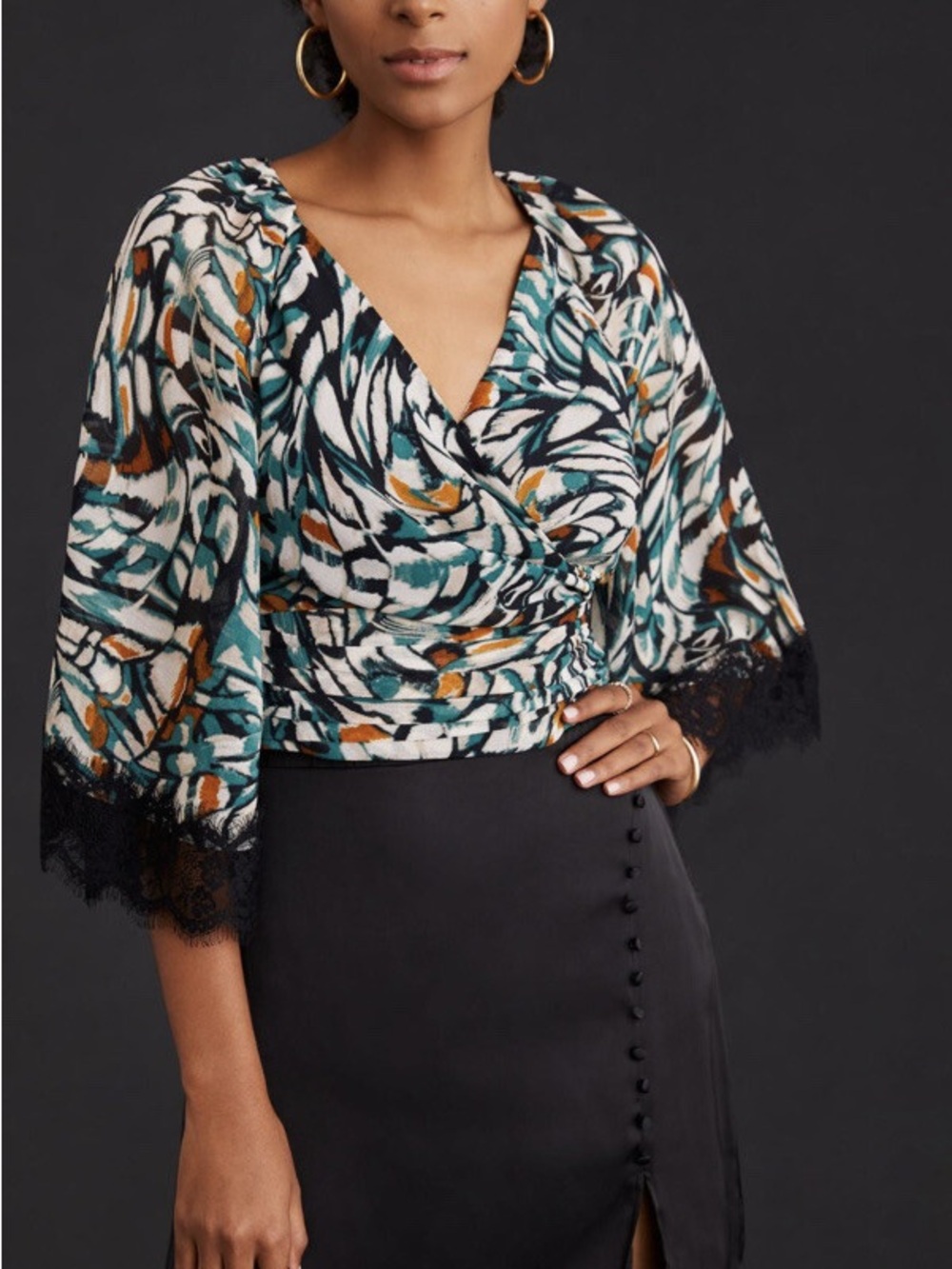 Anthropologie Flutter Teal, Black & White Printed Wrap Blouse with Lace Trim